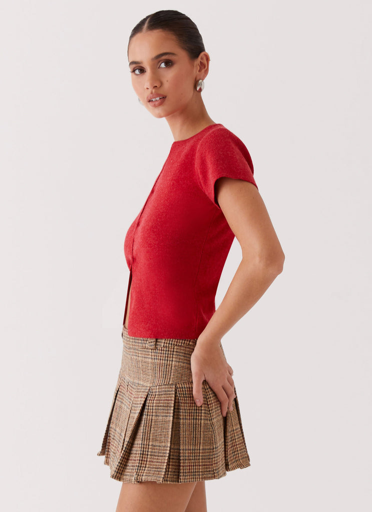 Womens Raina Knit Crop Top in the colour Ruby Red in front of a light grey background