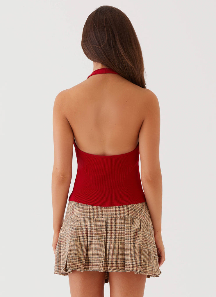 Womens Bettie Knit Halter Top in the colour Red in front of a light grey background