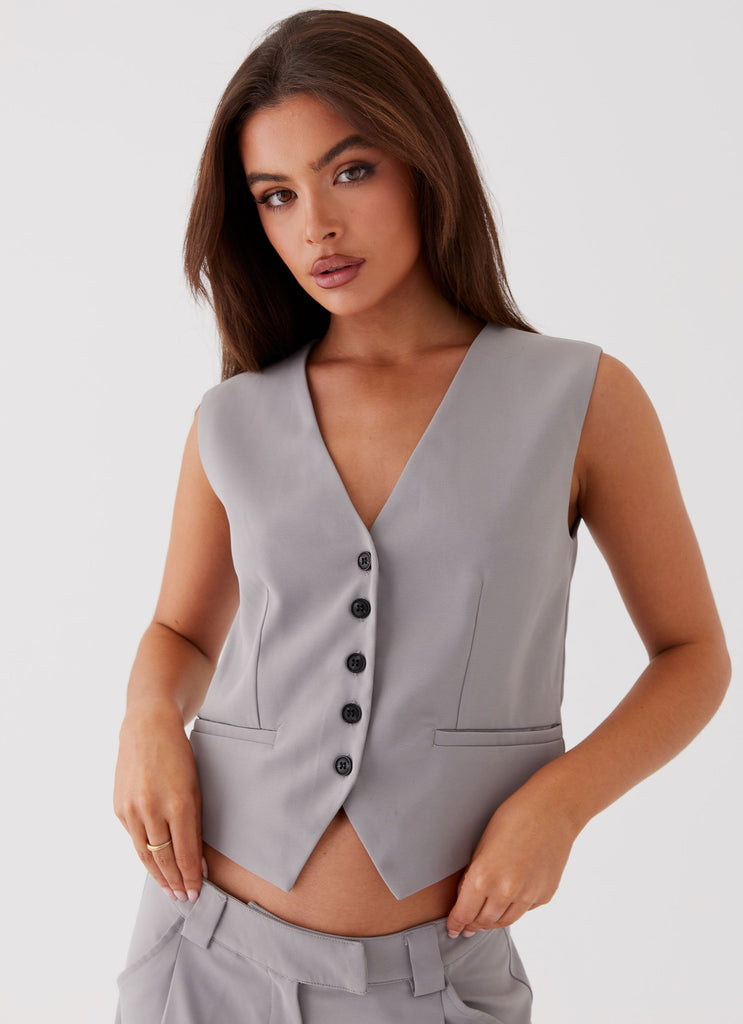 Womens Shivonne Oversized Vest in the colour Grey in front of a light grey background