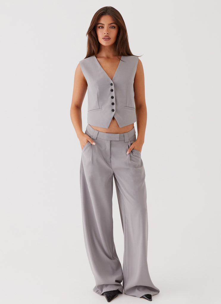 Womens Elle Wide Leg Tailored Pants in the colour Grey in front of a light grey background