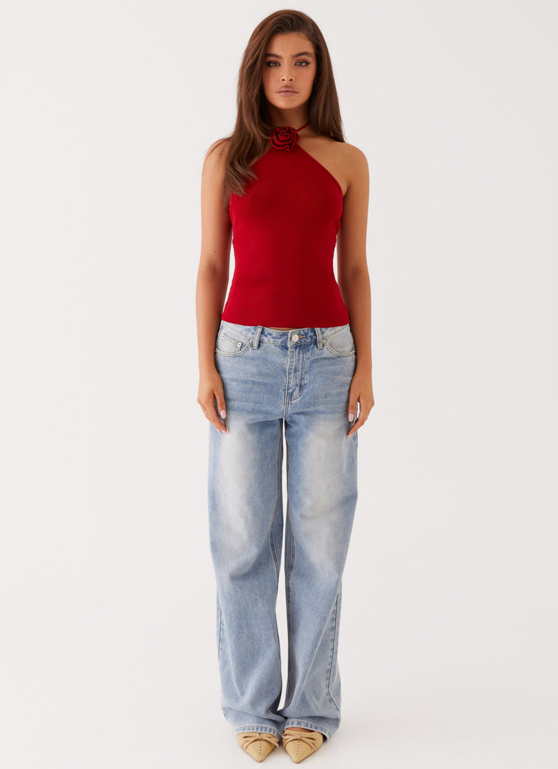 Womens Delphi Rose Knit Top in the colour Rouge Red in front of a light grey background