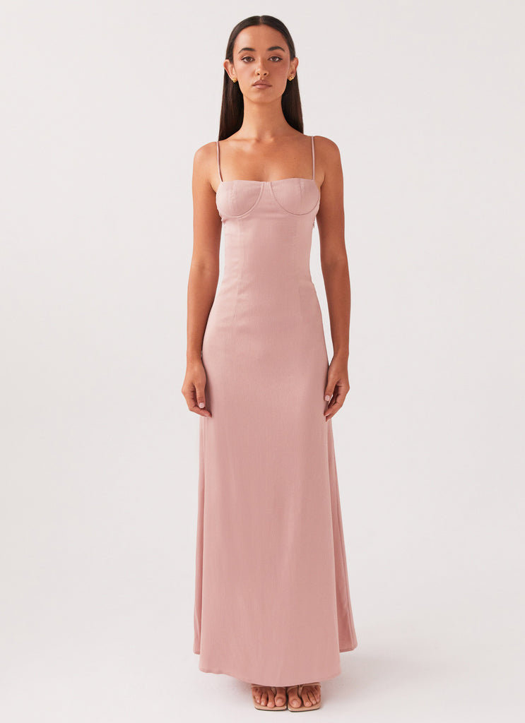 Womens Ella Bustier Maxi Dress in the colour Mauve in front of a light grey background