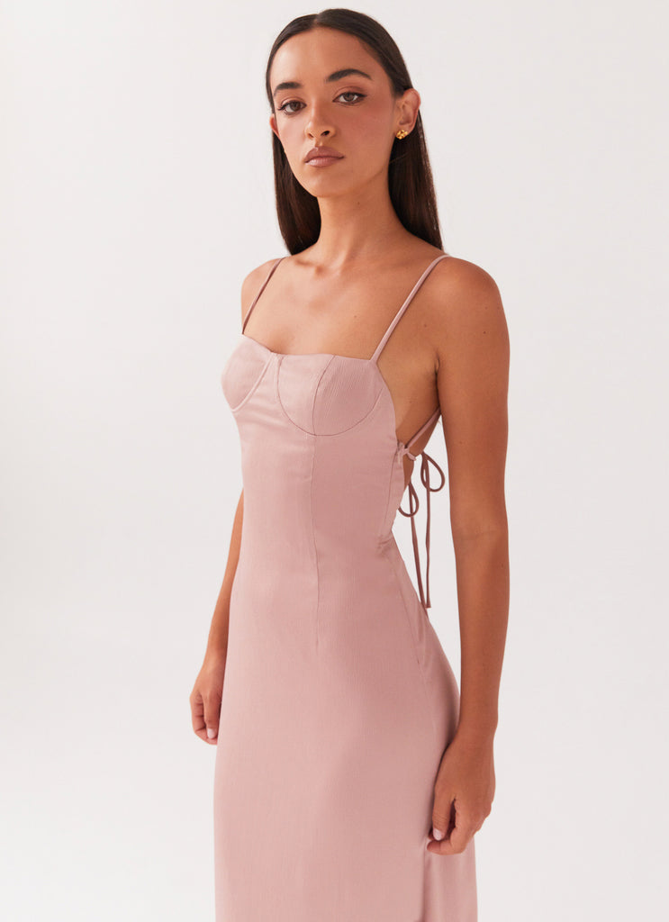 Womens Ella Bustier Maxi Dress in the colour Mauve in front of a light grey background