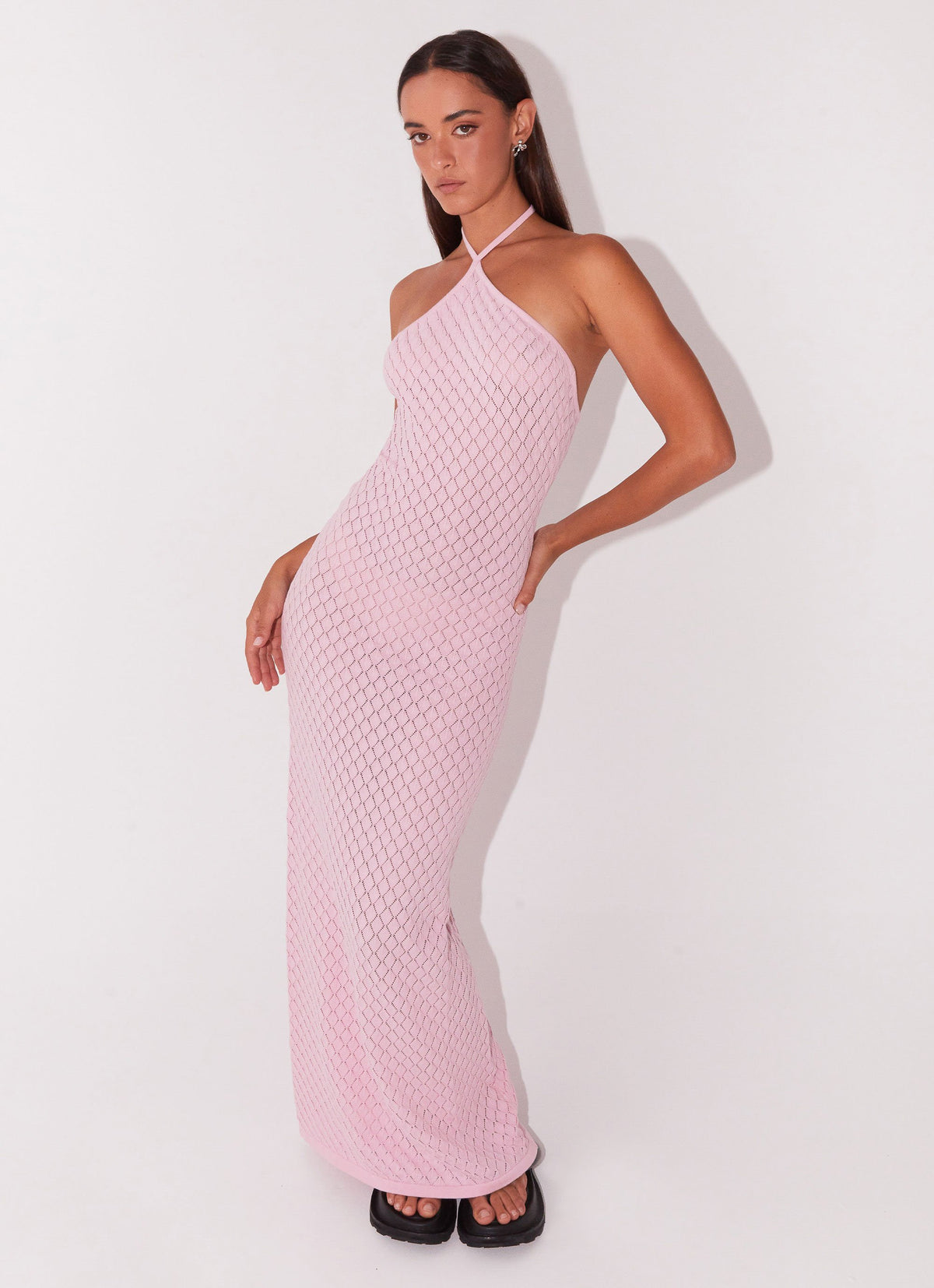 Womens Madsy Knit Maxi Dress in the colour Rose Pink in front of a light grey background