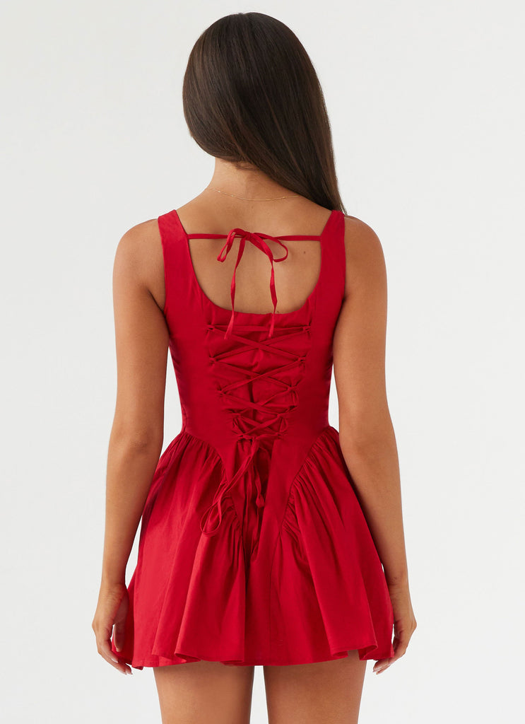 Womens Sassy Soiree Corset Mini Dress in the colour Red in front of a light grey background