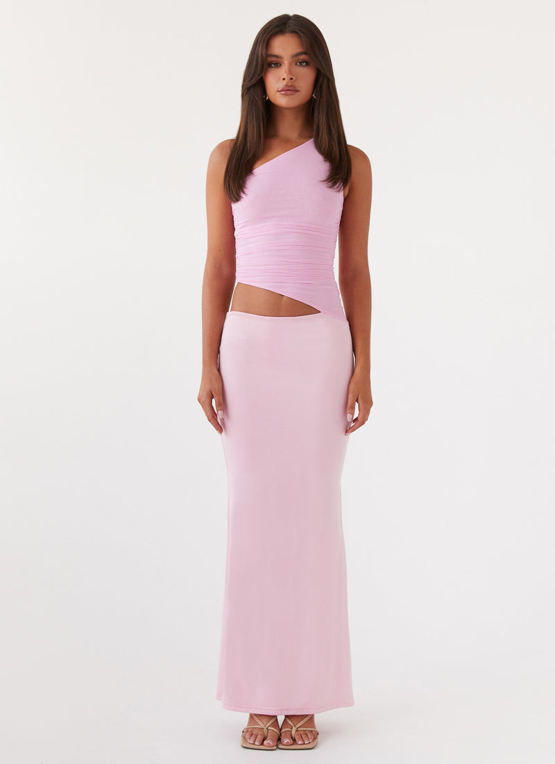 Womens Seranella One Shoulder Maxi Dress in the colour Pink in front of a light grey background