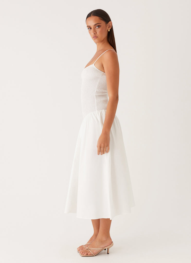 Womens Natalyi Midi Dress in the colour White in front of a light grey background