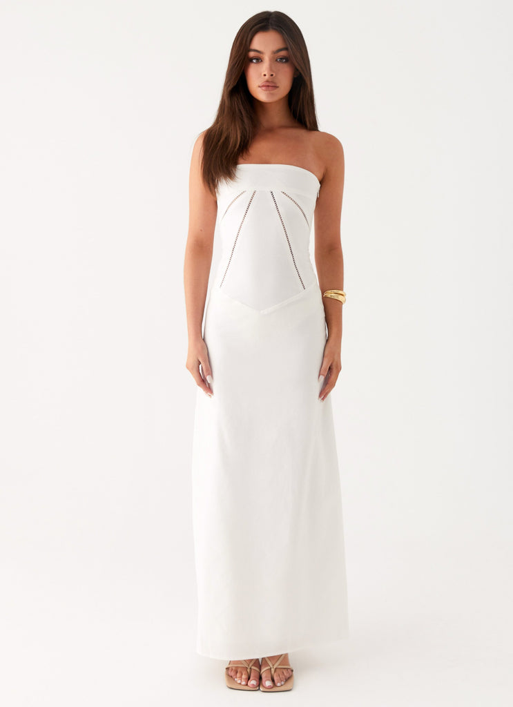 Womens Cerisa Linen Maxi Dress in the colour White in front of a light grey background