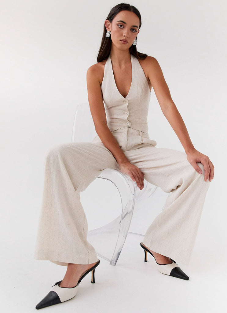 Womens Heatwave Linen Pants in the colour Oatmeal in front of a light grey background