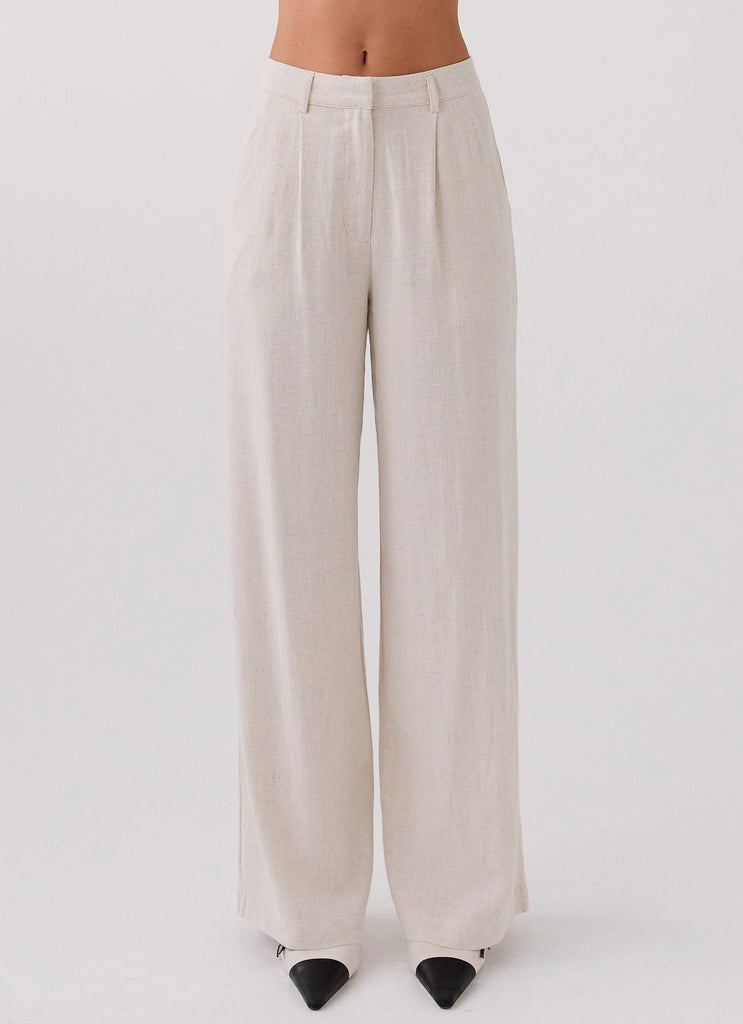 Womens Heatwave Linen Pants in the colour Oatmeal in front of a light grey background