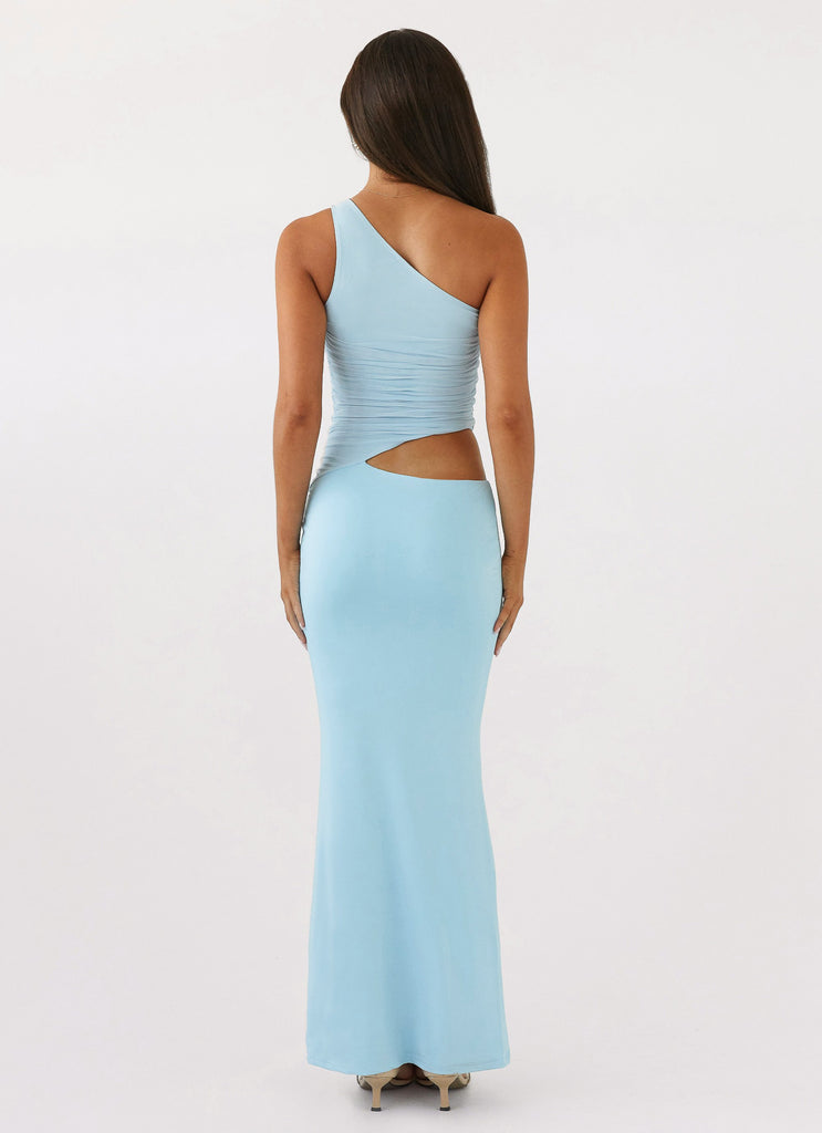 Womens Seranella One Shoulder Maxi Dress in the colour Sky Blue in front of a light grey background