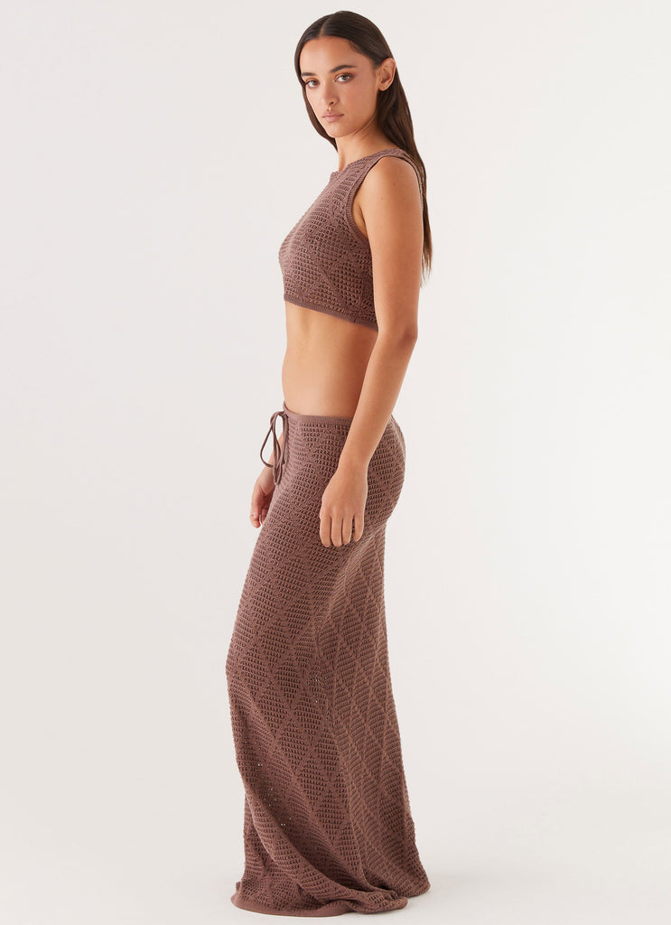 Womens Santonio Crochet Crop Top in the colour Chocolate in front of a light grey background