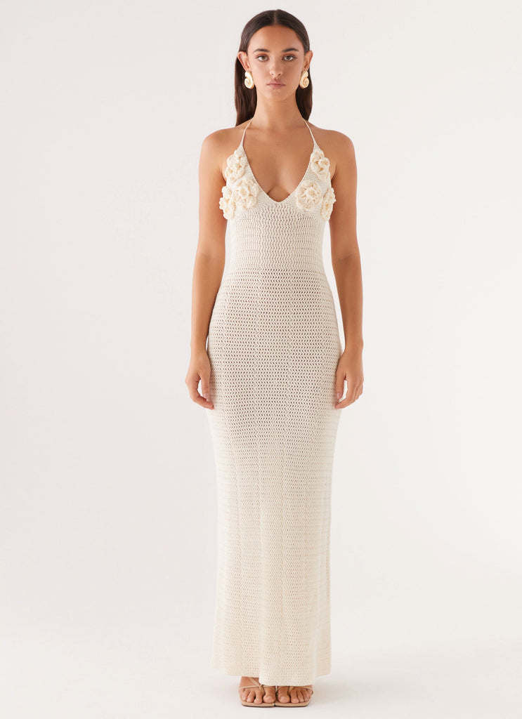 Womens Zara Rose Crochet Maxi Dress in the colour Ivory in front of a light grey background