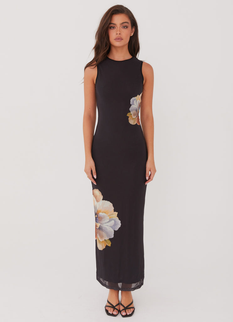 Womens Side Effects Mesh Maxi Dress in the colour Black Orchid in front of a light grey background