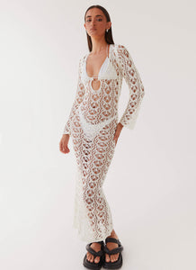 Womens Beach To Bar Crochet Maxi Dress in the colour Cream in front of a light grey background