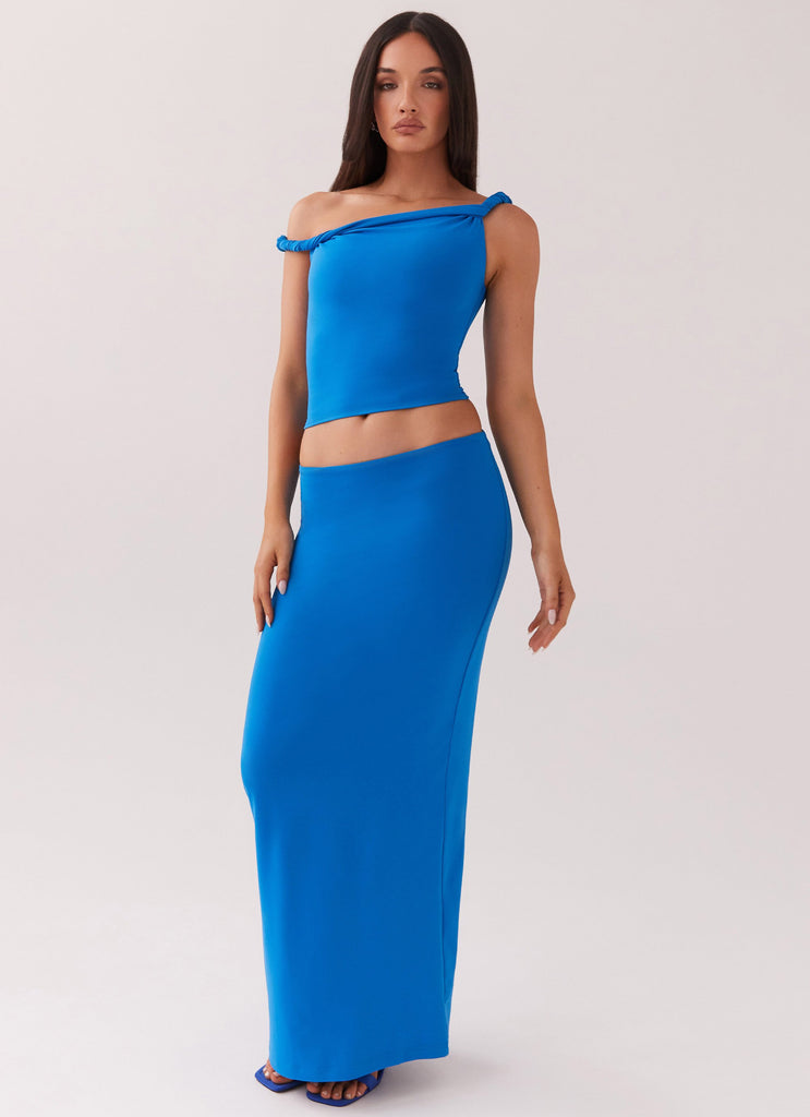 Womens Solace Soul Maxi Skirt in the colour Cobalt in front of a light grey background