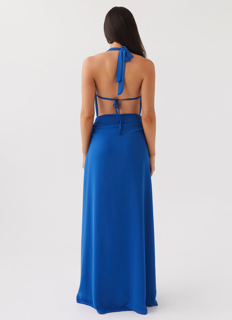 Womens Elysia Chiffon Maxi Dress in the colour Cobalt in front of a light grey background