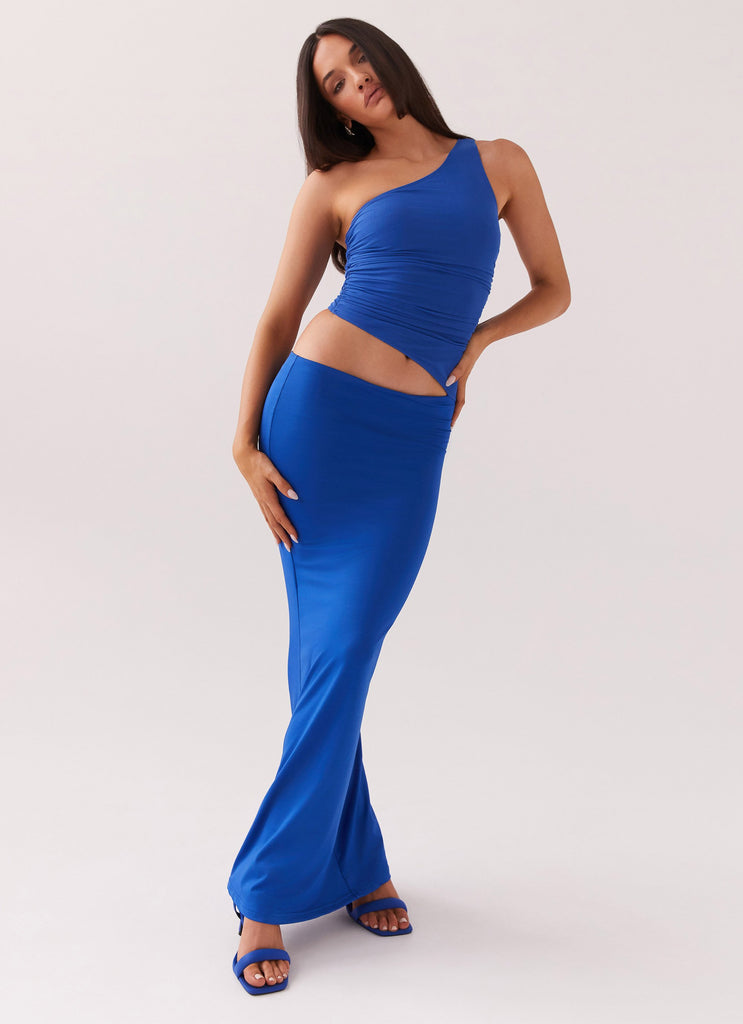 Womens Seranella One Shoulder Maxi Dress in the colour Cobalt in front of a light grey background