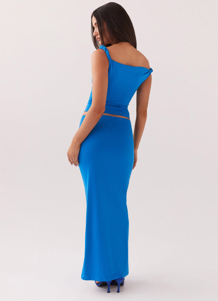 Womens Solace Soul Twist Shoulder Top in the colour Cobalt in front of a light grey background