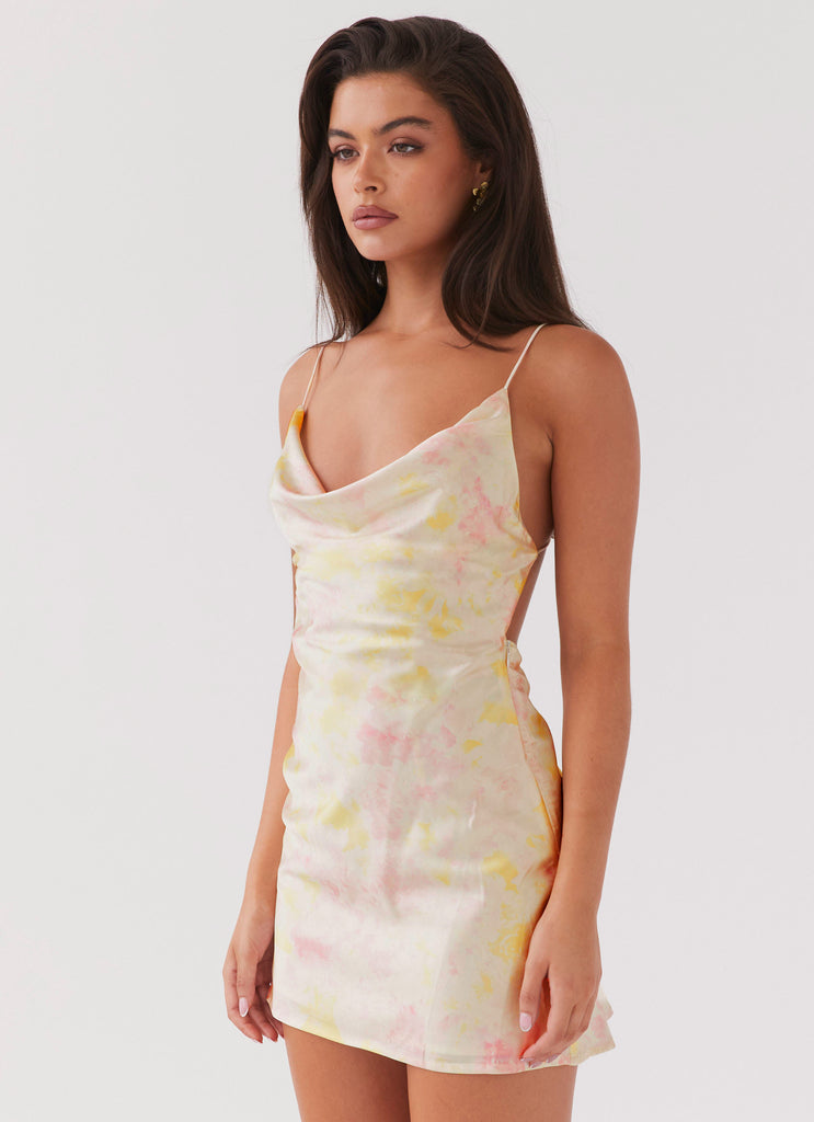 Womens Floral Fantasy Satin Mini Dress in the colour Peony in front of a light grey background