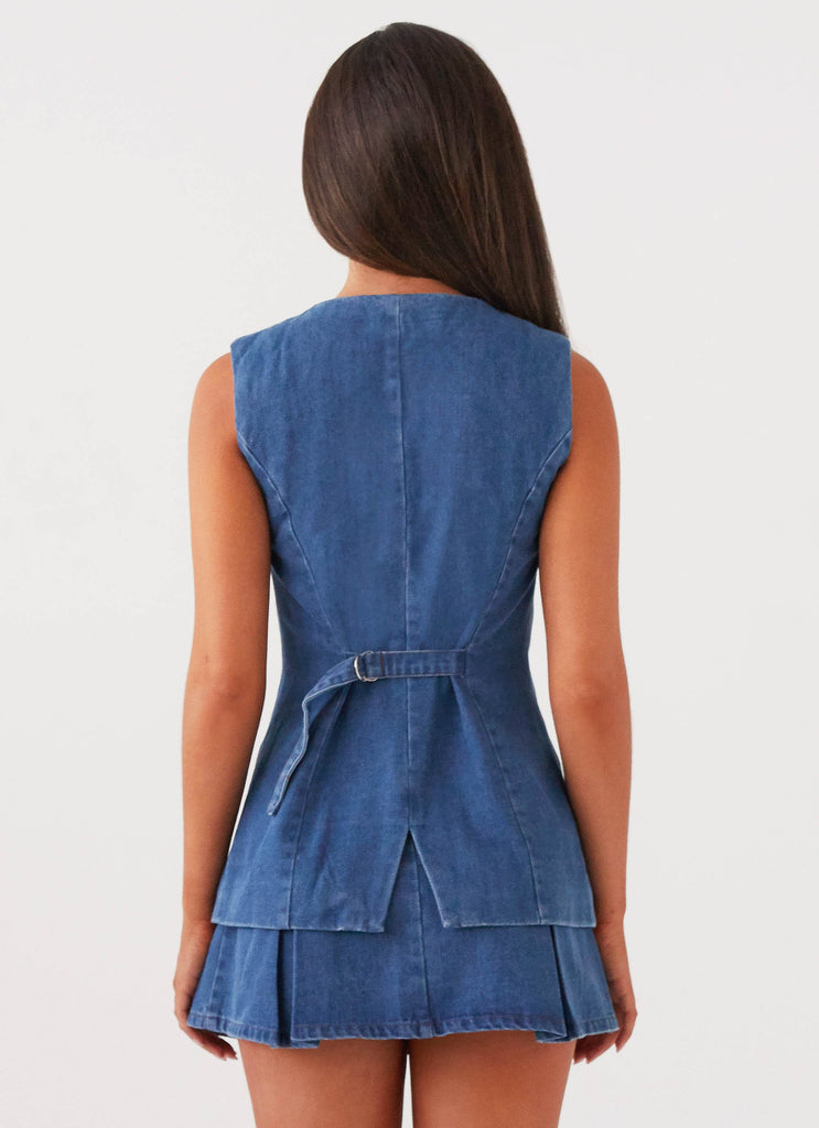 Womens Born For Bordeaux Denim Vest in the colour Indigo in front of a light grey background