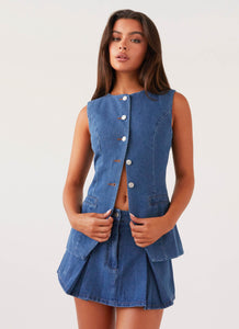 Womens Born For Bordeaux Denim Vest in the colour Indigo in front of a light grey background