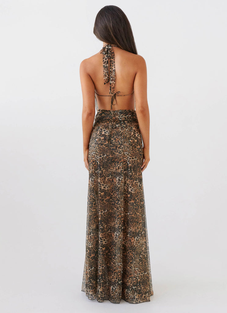 Womens Elysia Mesh Maxi Dress in the colour Leopard in front of a light grey background