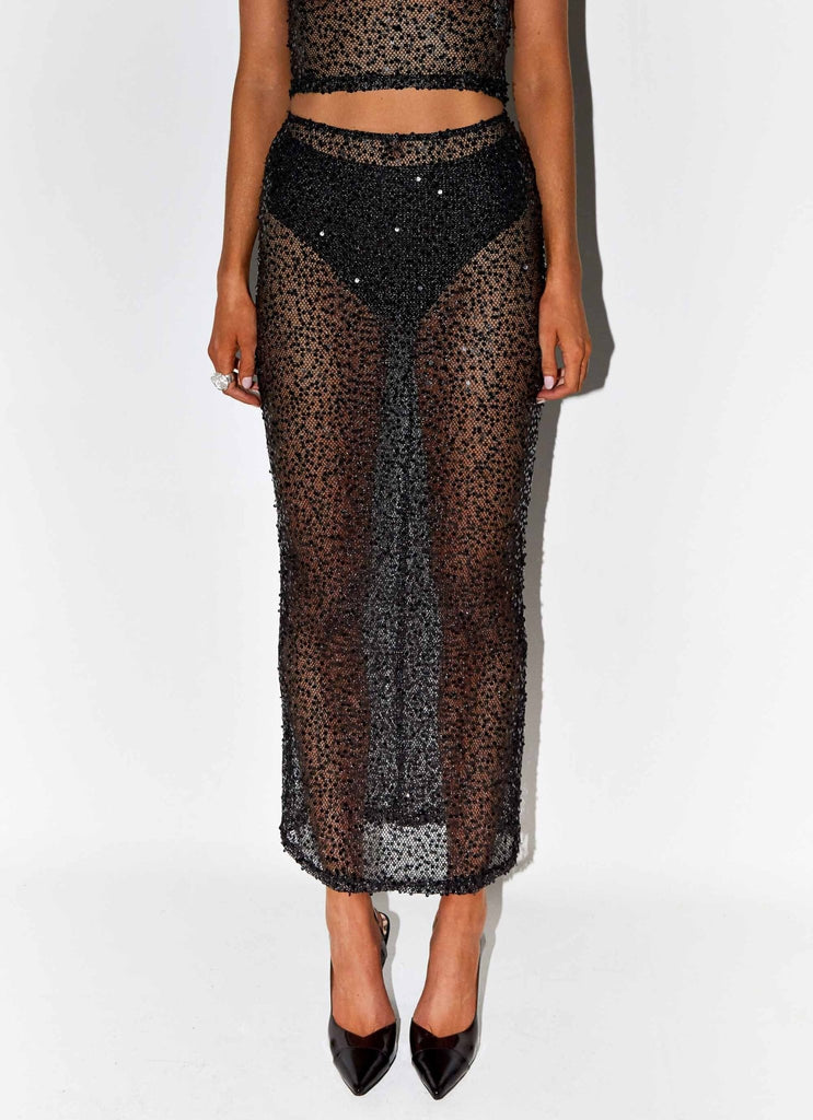 Womens Afterhours Sequin Maxi Skirt in the colour Midnight Stars in front of a light grey background