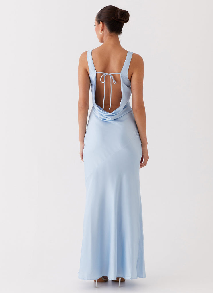 Womens Be Mine Satin Maxi Dress in the colour Blue in front of a light grey background