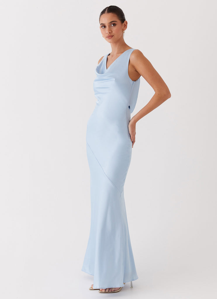 Womens Be Mine Satin Maxi Dress in the colour Blue in front of a light grey background