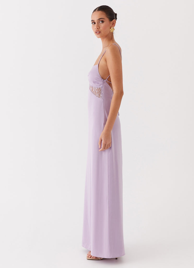 Womens Dream Sight Lace Satin Maxi Dress in the colour Lilac in front of a light grey background