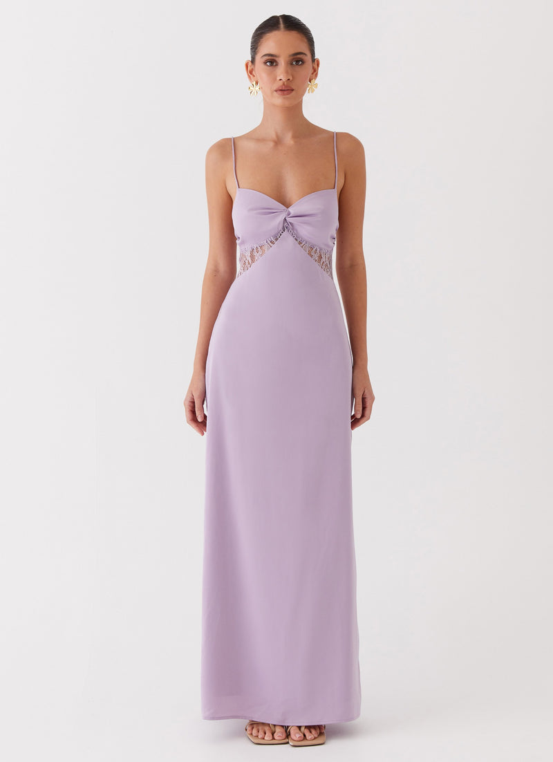 Womens Dream Sight Lace Satin Maxi Dress in the colour Lilac in front of a light grey background