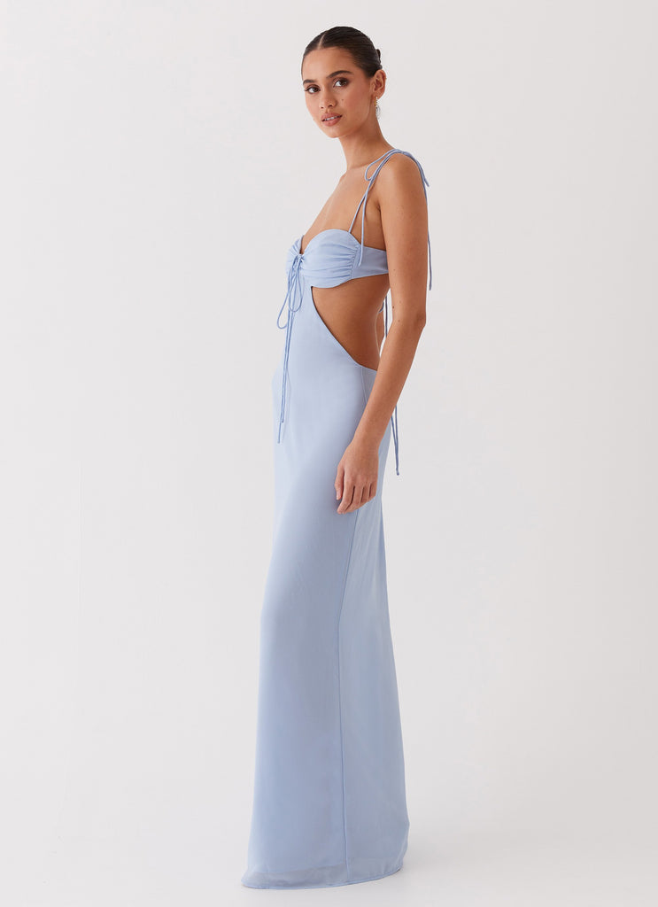 Womens Tyra Ruched Maxi Dress in the colour Blue in front of a light grey background