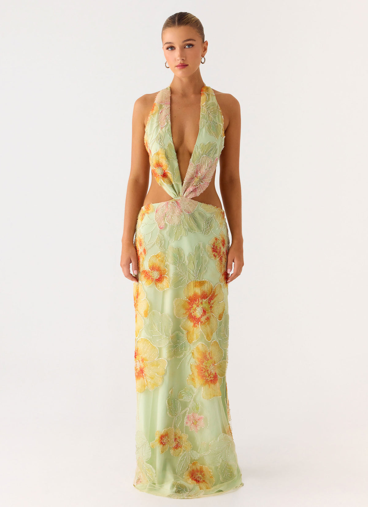 Really Something Beaded Maxi Dress - Green Floral Beaded