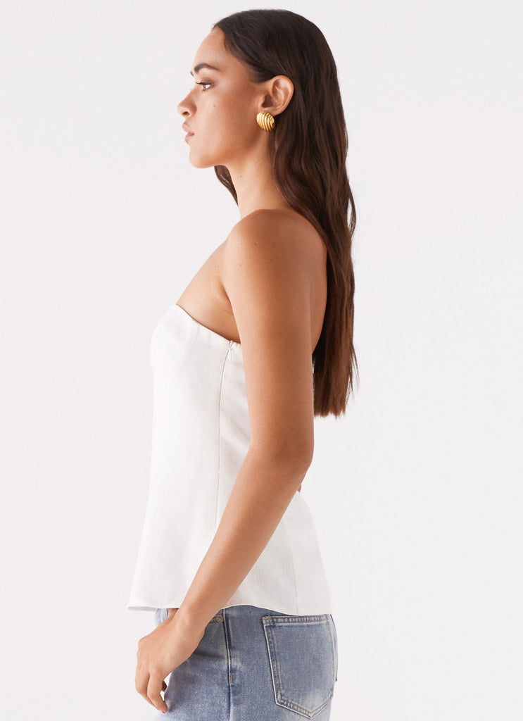 Womens Rennie Linen Bustier Top in the colour White in front of a light grey background