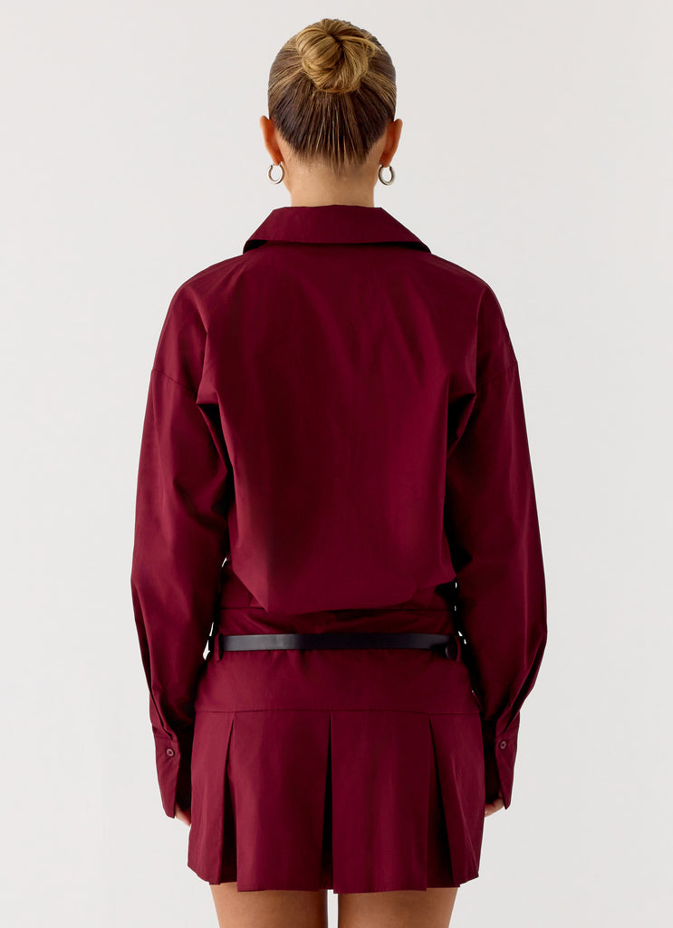 Rio Pleated Shirt Mini Dress - Maroon