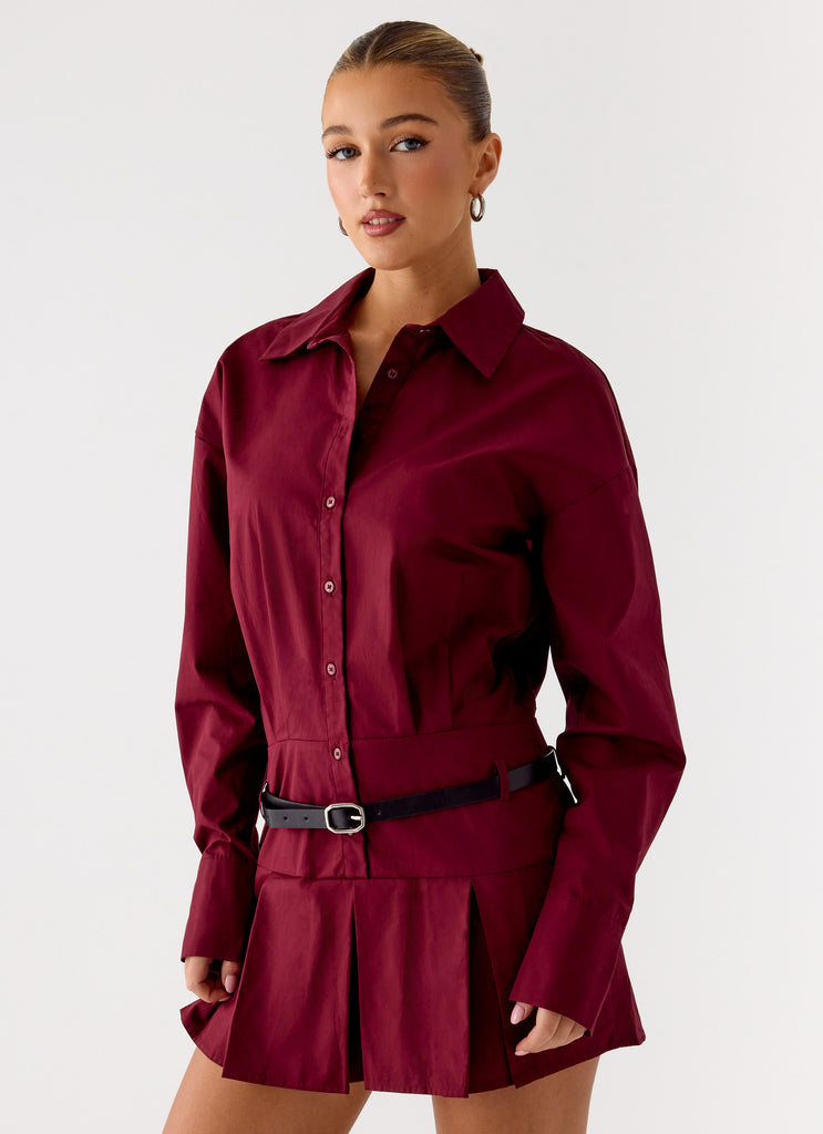 Rio Pleated Shirt Mini Dress - Maroon