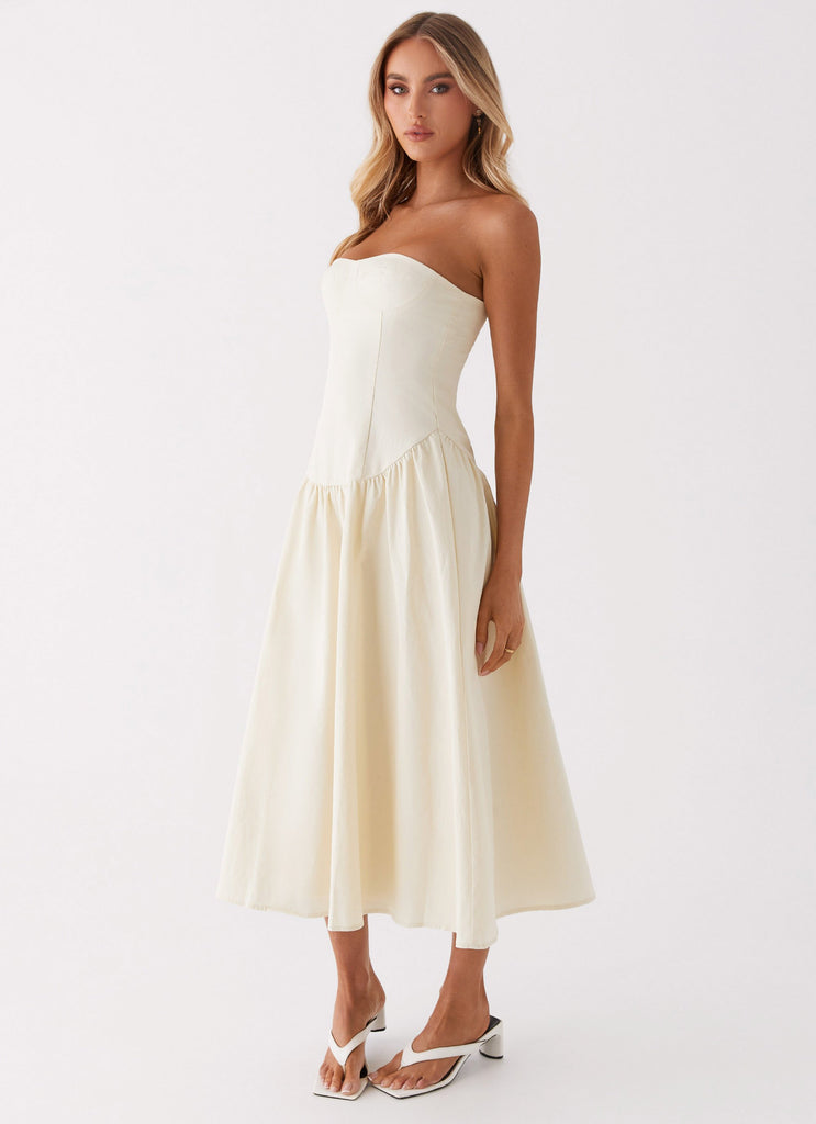 Womens Rosebud Bustier Midi Dress in the colour Ivory in front of a light grey background