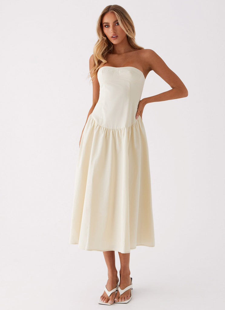 Womens Rosebud Bustier Midi Dress in the colour Ivory in front of a light grey background