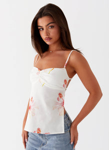 Womens Rosy Linen Backless Top in the colour Camellia in front of a light grey background