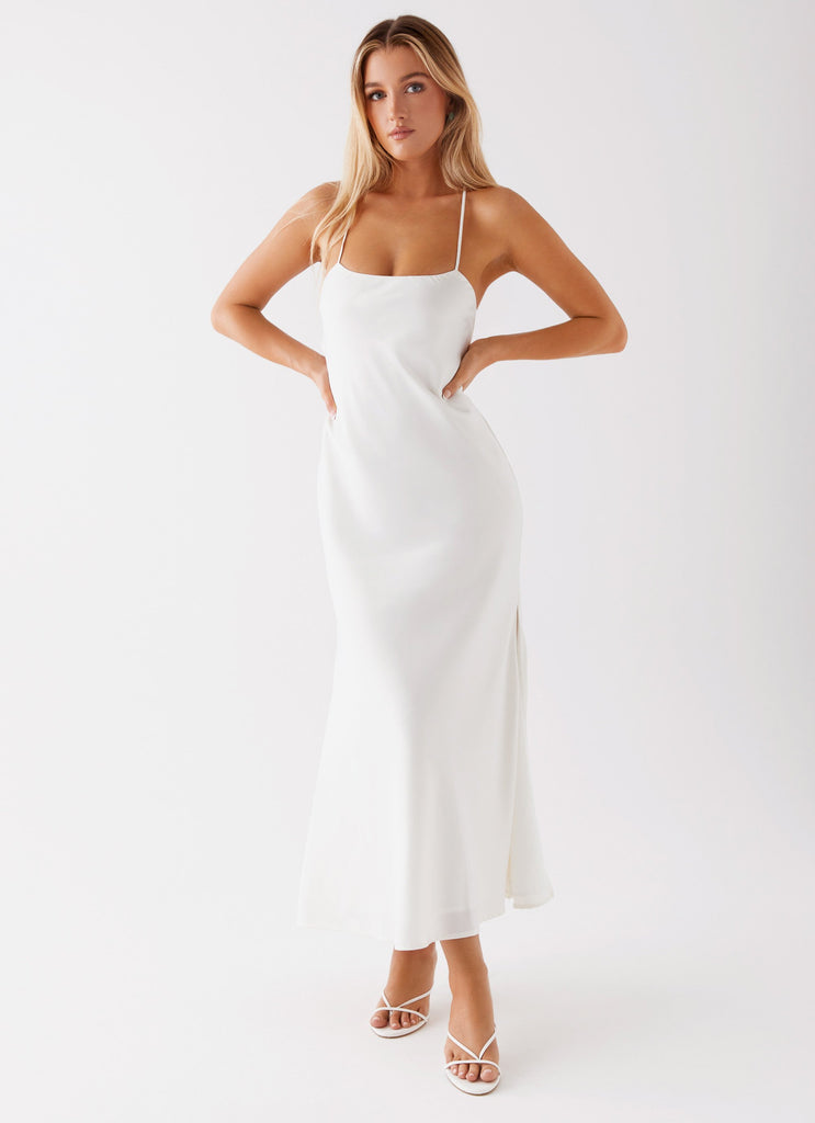 Womens Runway Royalty Maxi Dress in the colour White in front of a light grey background