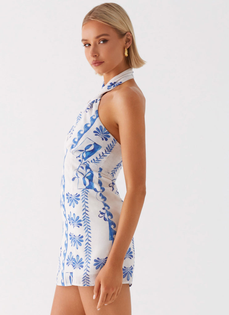 Womens Sabine Linen Mini Dress in the colour Floral Wave in front of a light grey background