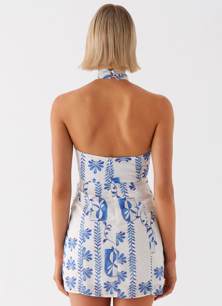 Womens Sabine Linen Mini Dress in the colour Floral Wave in front of a light grey background