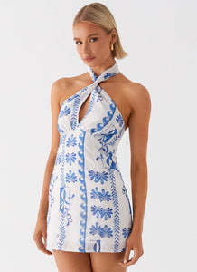 Womens Sabine Linen Mini Dress in the colour Floral Wave in front of a light grey background