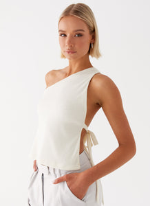 Womens Safiya One Shoulder Top in the colour White in front of a light grey background