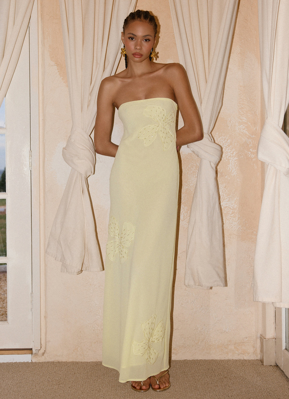 Sassafras Beaded Flower Strapless Maxi Dress