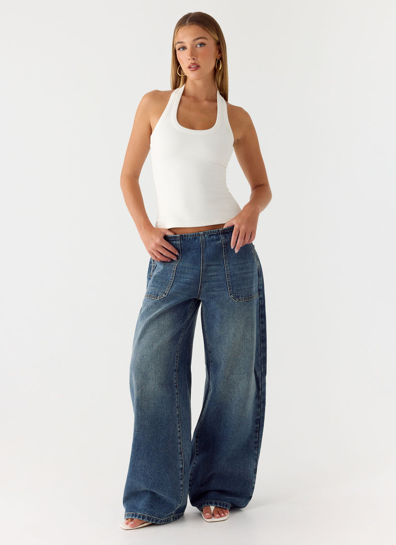 Seethal Low Rise Washed Denim Jeans - Mid Wash Blue