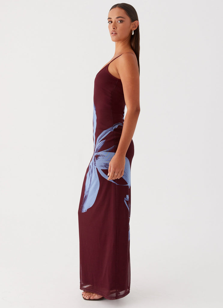 Womens Serene Maxi Dress in the colour Brown Purple Floral in front of a light grey background