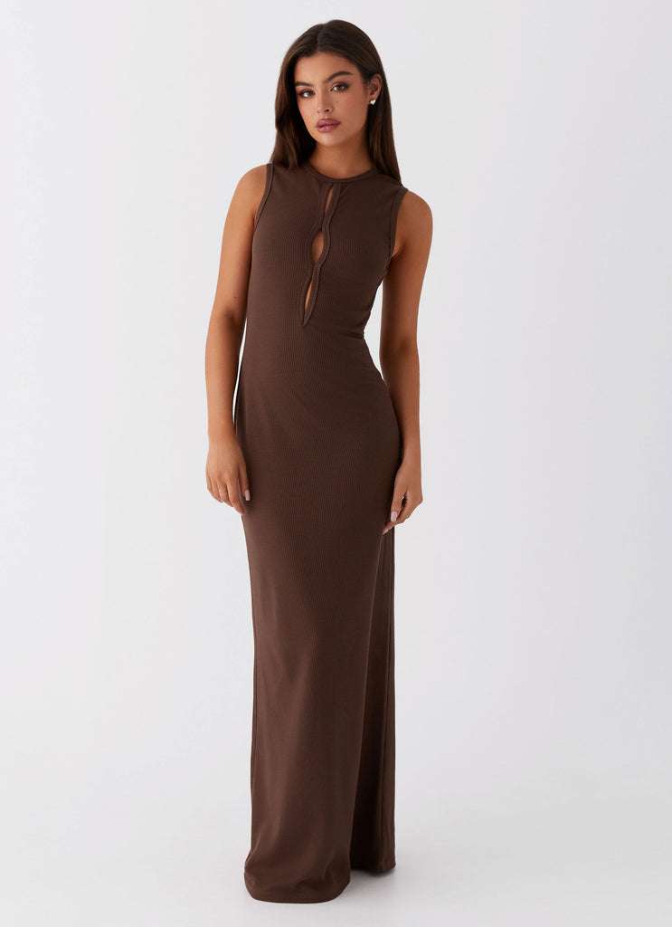 Womens Shay Cut Out Maxi Dress in the colour Chocolate in front of a light grey background