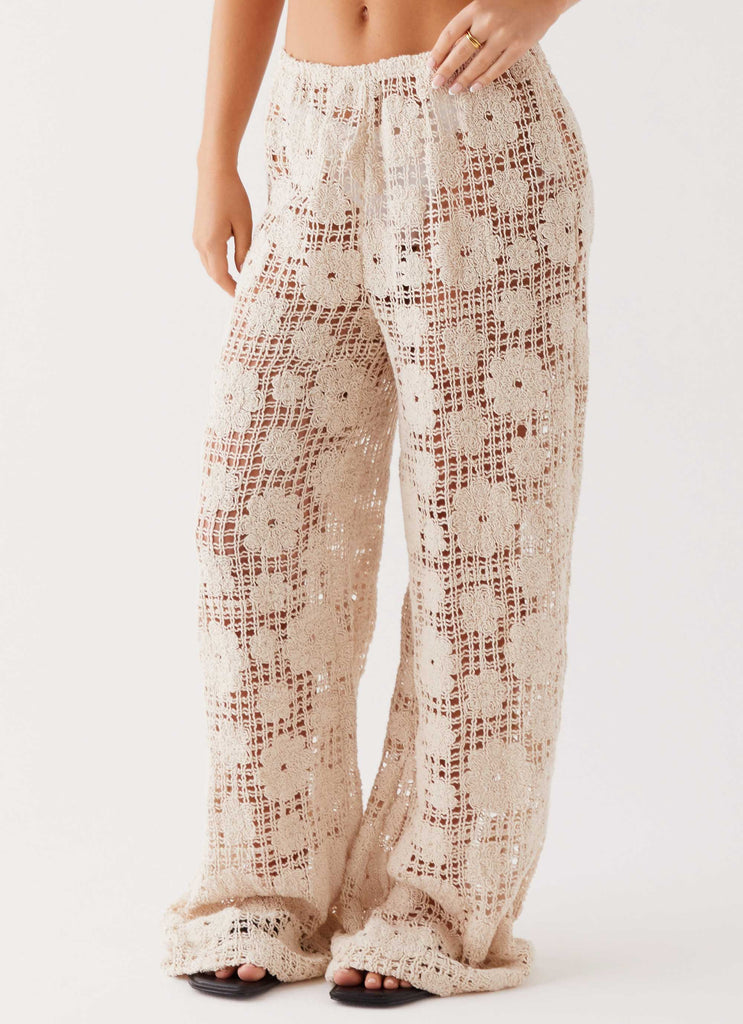 Womens Shell Beach Crochet Pants in the colour Ivory in front of a light grey background